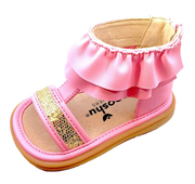 Lucy Ruffle Sandal | Toddler Squeaky Shoes | mooshu TRAINERS | Girls meet Lucy. Lucy meet your new best friend! This oh so fancy Ruffle Sandal will make your heart smile! You’ll be the talk of the town at your next tea party. Available in White & Pink 