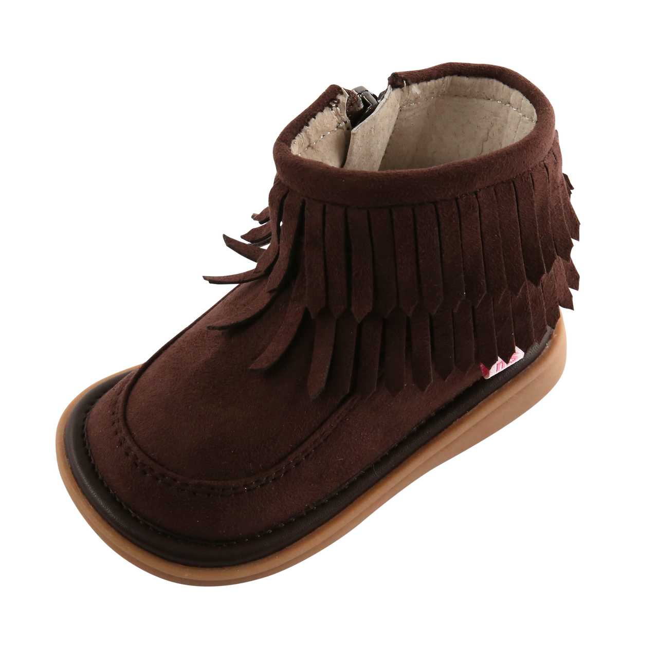 Piper Fringe Boot | Toddler Squeaky Shoes | mooshu TRAINERS | Feel the warmth with this cozy moccasin fringe boot. Why mooshu TRAINERS? Your baby is walking. You want well-designed toddler squeaky shoes that are gentle on growing feet and encourage a proper heel to toe gait.