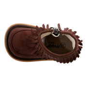 Piper Fringe Boot | Toddler Squeaky Shoes | mooshu TRAINERS | Feel the warmth with this cozy moccasin fringe boot. Why mooshu TRAINERS? Your baby is walking. You want well-designed toddler squeaky shoes that are gentle on growing feet and encourage a proper heel to toe gait.