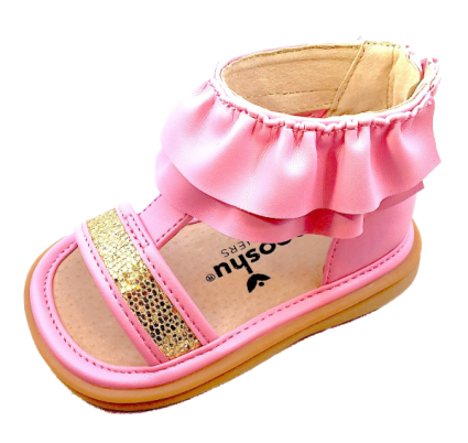 Lucy Ruffle Sandal | Toddler Squeaky Shoes | mooshu TRAINERS | Girls meet Lucy. Lucy meet your new best friend! This oh so fancy Ruffle Sandal will make your heart smile! You’ll be the talk of the town at your next tea party. Available in White & Pink 