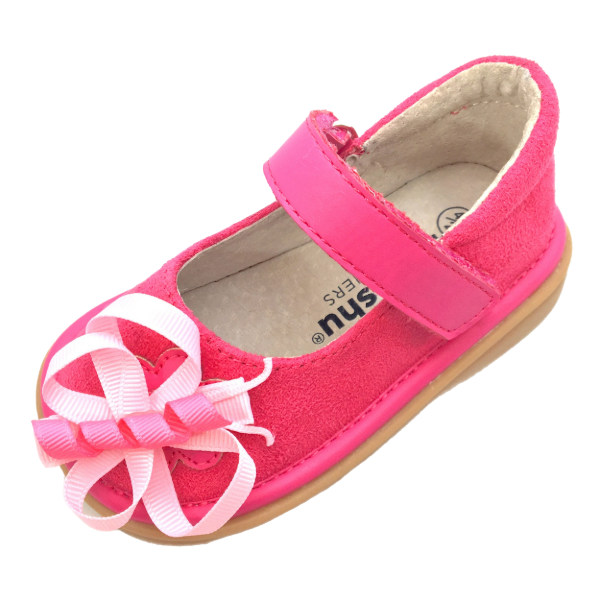 Harlow Ultrasuede Mary Jane | Toddler Squeaky Shoes | mooshu TRAINERS | Come fly away with this sweet Ultrasuede Mary Jane with a removable butterfly clip! *Please note that no clearance can be returned or exchanged for credit. 