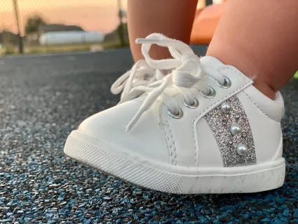 Candles Sneakers | Toddler Squeaky Shoes | mooshu TRAINERS | Sparkles, pearls and crystals… what more could a girl want on her feet? Your little will love the classy yet comfortable Candle Toddler Squeaky Shoe! 
